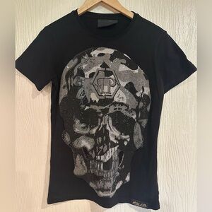 Philipp Plein Black Rhinestone Skull Graphic Tee Camouflage Crystal Design Small